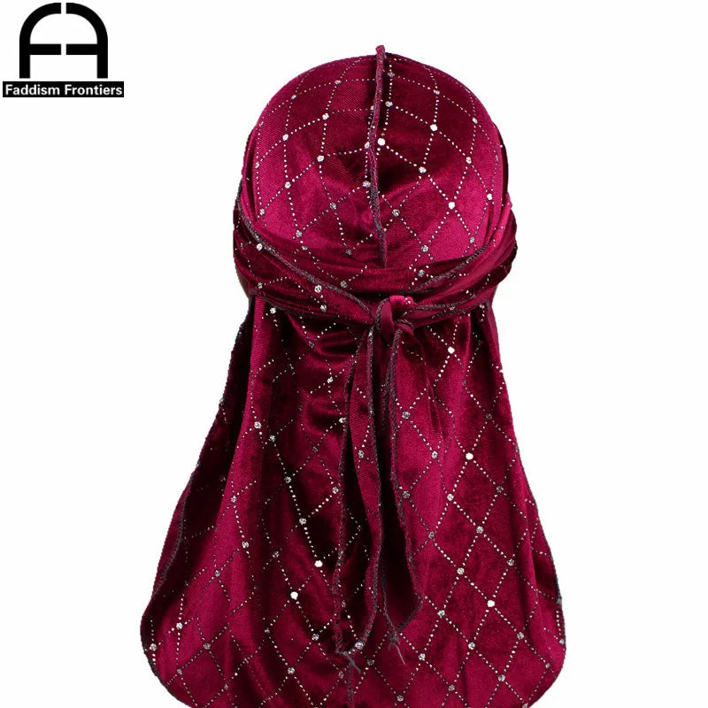 Premium Men's Shiny Velvet Durags Turban Hat Bandanas Headwear Men Striped DuRag Waves Caps Hair Accessories Pirate Hat Rag