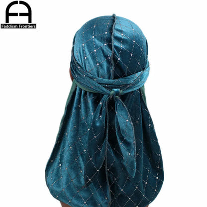 Premium Men's Shiny Velvet Durags Turban Hat Bandanas Headwear Men Striped DuRag Waves Caps Hair Accessories Pirate Hat Rag