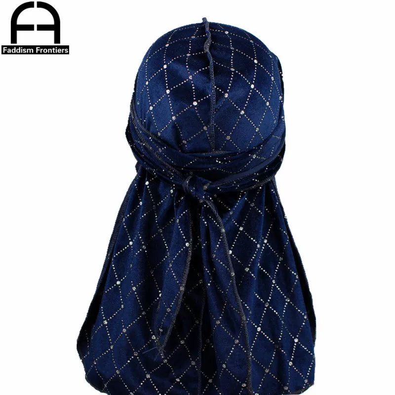 Premium Men's Shiny Velvet Durags Turban Hat Bandanas Headwear Men Striped DuRag Waves Caps Hair Accessories Pirate Hat Rag