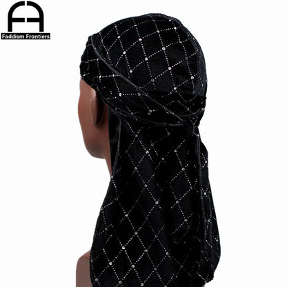Premium Men's Shiny Velvet Durags Turban Hat Bandanas Headwear Men Striped DuRag Waves Caps Hair Accessories Pirate Hat Rag
